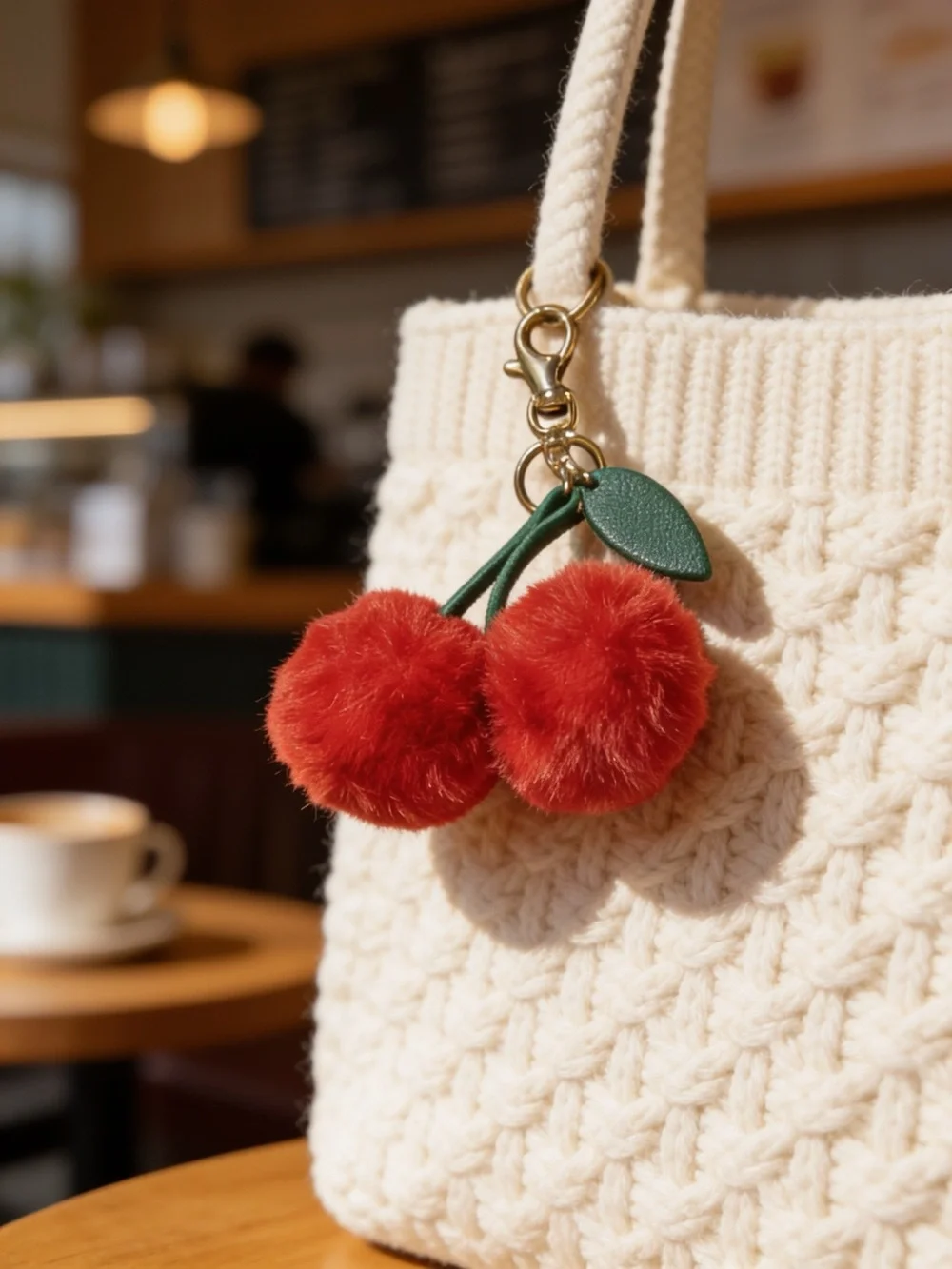 Victoria's Secret Red Cherry Pom Bag Charm with Green Leaf